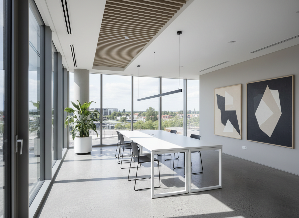 A modern, minimalist architectural photograph of a bright contemporary office interior with clean lines and large windows